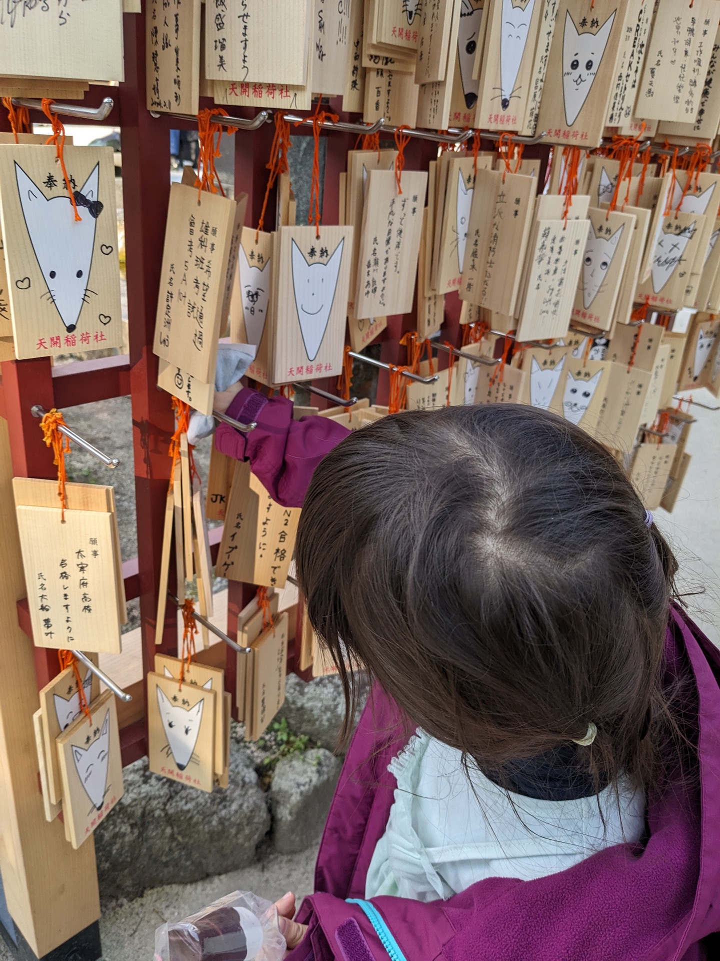 A child looks at rows of hanging wooden Ema (wishing/prayer/vow plaques)